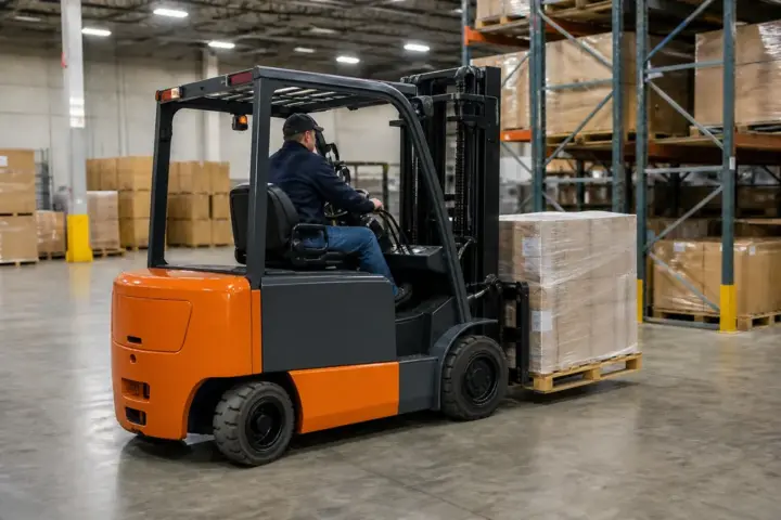 Electric counterbalance forklift in warehouse service