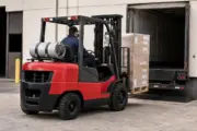 Used internal-combustion forklift ready for inspection