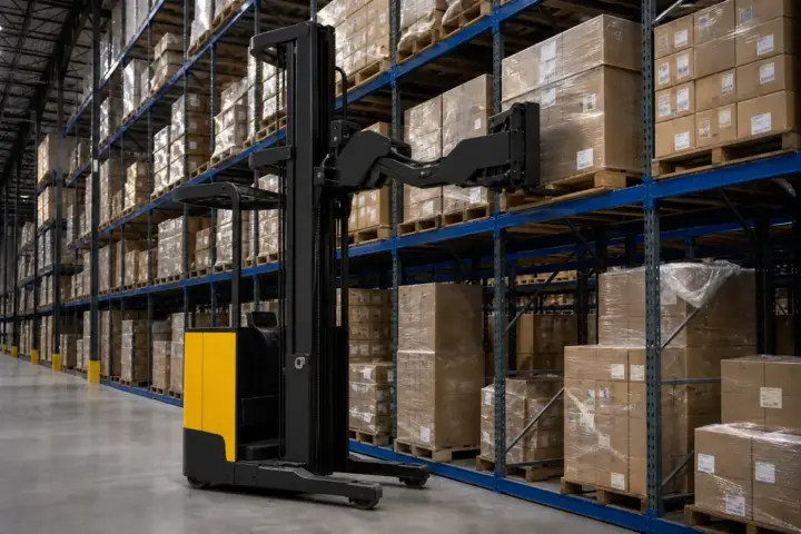 Narrow-aisle reach truck operating in warehouse racking