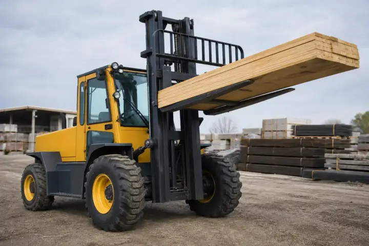 Rough-terrain forklift working on an outdoor industrial site