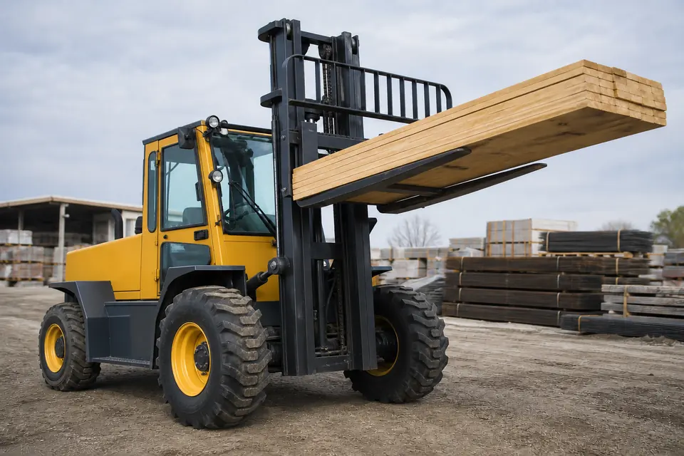 Rough-terrain forklift working on an outdoor industrial site