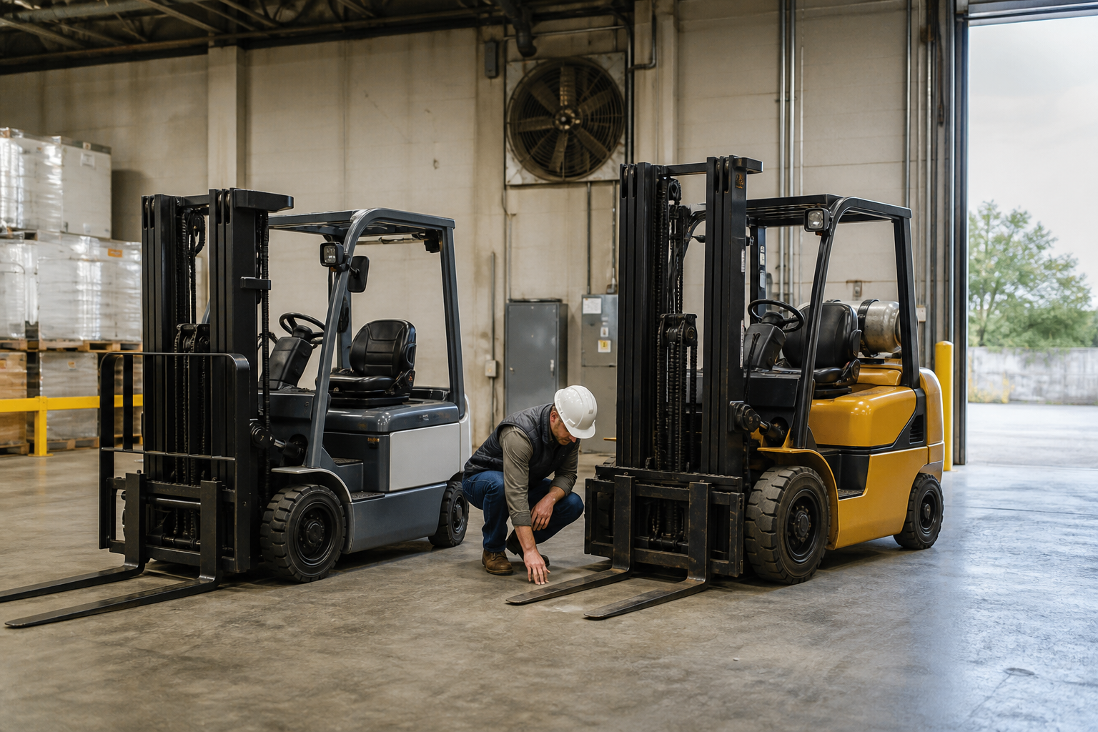 Electric and propane counterbalance forklifts compared in a working warehouse