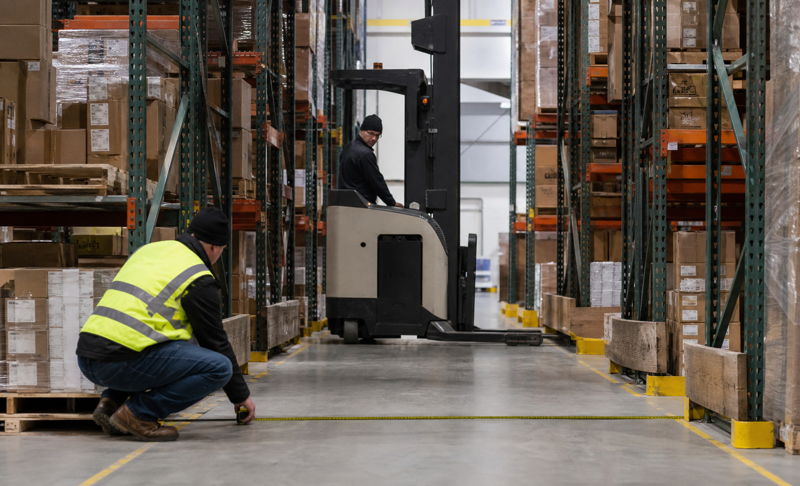 Warehouse planner measuring clear aisle width near a reach truck