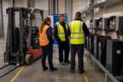 Facility electrician and forklift technician planning an electric forklift charging area