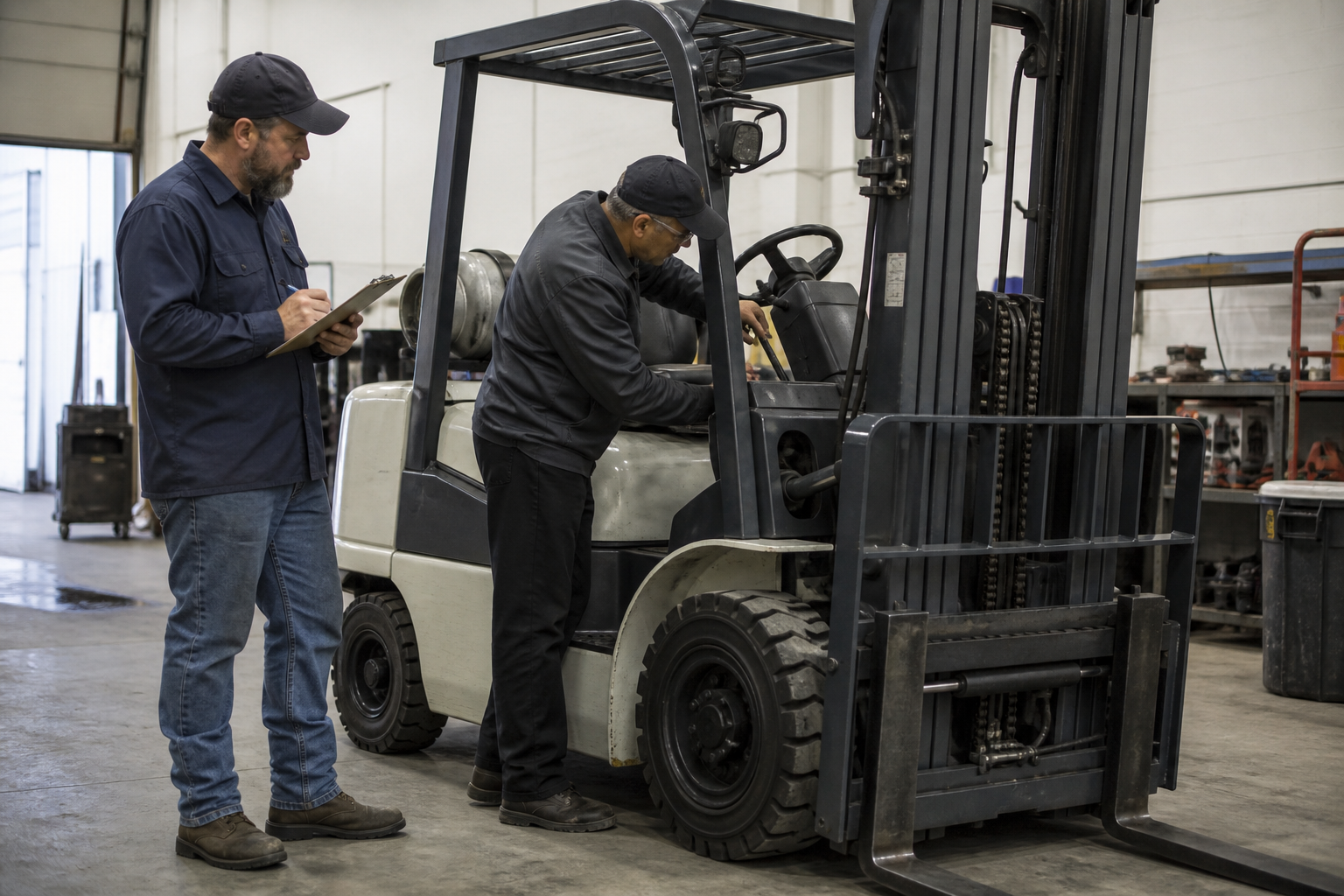 Equipment specialists inspecting a counterbalance forklift before purchase