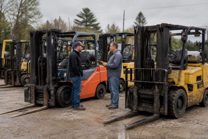 Warehouse manager comparing new used and rental forklift dealer quotes