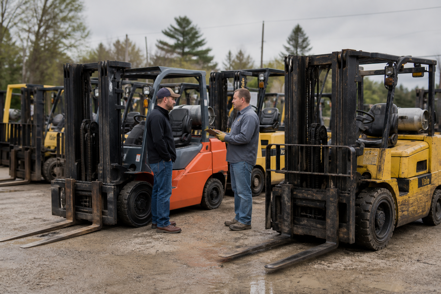 Warehouse manager comparing new used and rental forklift dealer quotes